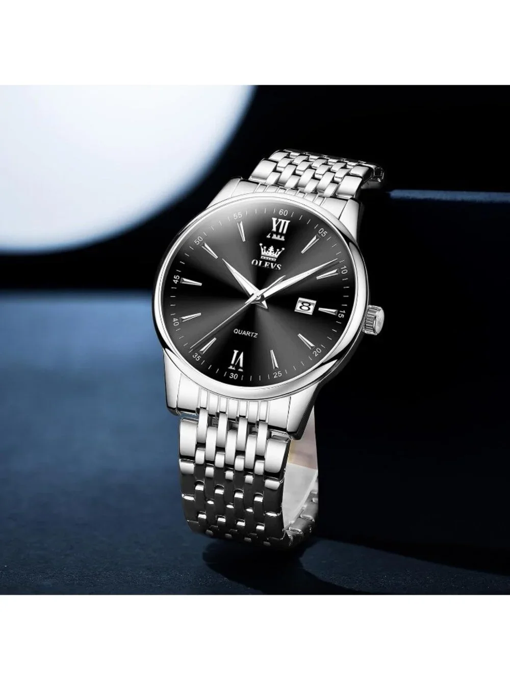 Men's Silver Black Big Dial Analog Quartz Stainless Relojes Waterproof Watch